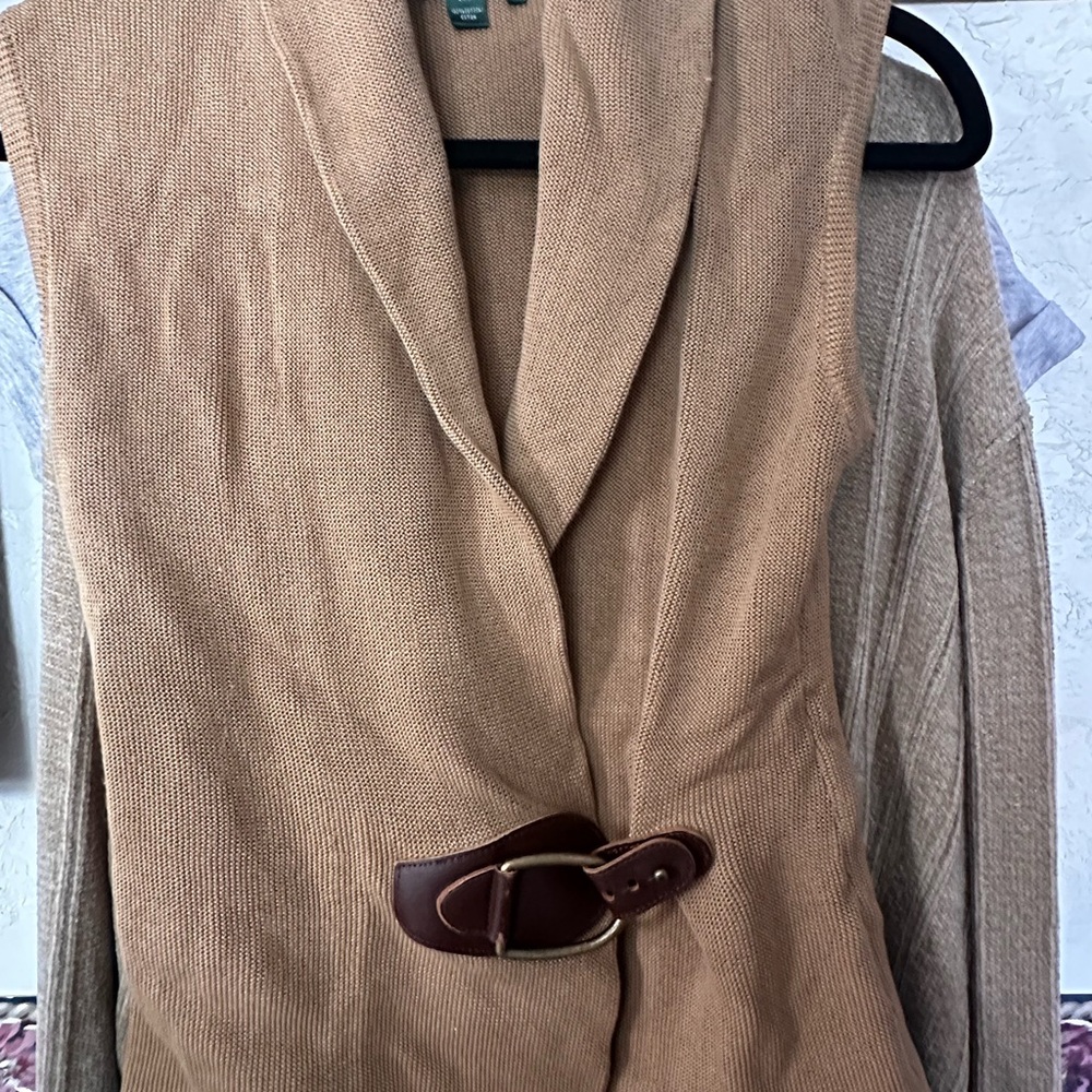 Ralph Lauren Tan Sleeveless Belted Knit Vest